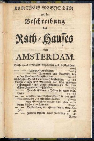 Kurzes Register von der Beschreibung des Rath-Hauses von Amsterdam.