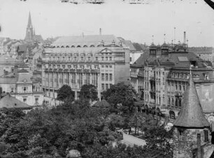 Plauen, Innenstadt : Plauen, Innenstadt. Ansicht mit Nonnenturm (um 1200), Bahnhofstraße mit Kaffeehaus Trömel und Kaufhaus Tietz (1912). Blick zur Pauluskirche