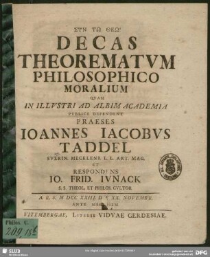 Decas Theorematum Philosophico Moralium
