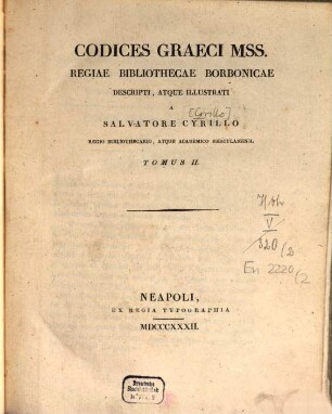 Codices Graeci manuscripti Regiae bibliothecae Borbonicae. 2