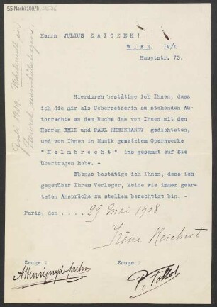 Verlagsschein über die "Oper "Helmbrecht""