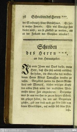 Schreiben des Herrn *** an den Herausgeber
