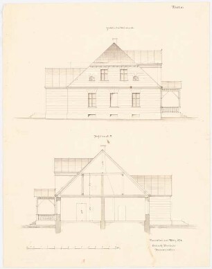 Herrschaftliches Wohnhaus, Belmsdorf Umbau: Aufriss Giebelansicht, Längsschnitt, Maßstabsleiste 1:100