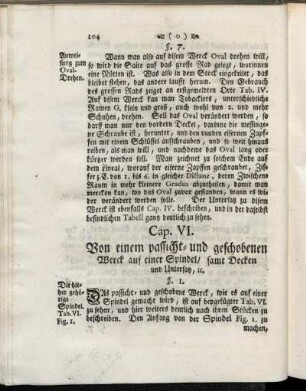 Cap. VI. Von einem passicht- und geschobenen WErck auf einer Spindel, samt Docken und Untersatz, etc.