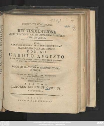 Dissertatio Inavgvralis De Rei Vindicatione Jure Lubecensi Arctis Admodum Limitibus Circumscripta