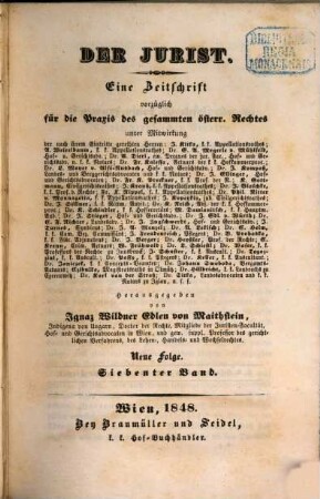 Der Jurist : eine Zeitschrift vorzüglich für die Praxis des gesammten österreichischen Rechts, 19. 1848