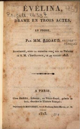 Évélina : Drame en 3 actes, en prose