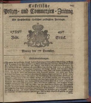 49tes Stueck, Montag den 7ten December. 1789