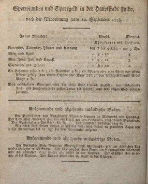 Sperrstunden und Sperrgeld in der Hauptstadt Fulda, nach der Verordnung vom 19. September 1778.