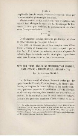 Note sur trois régles de multiplication abrégée, extraites du "Talkhys amali al Hissab".