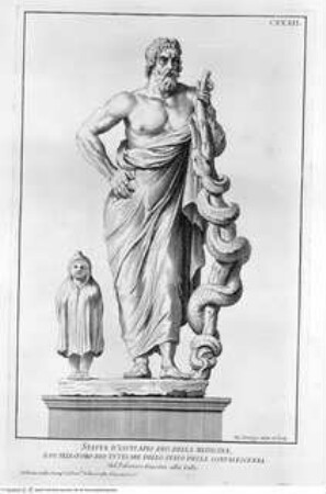 Raccolta di statue antiche e moderne / data in luce sotto i gloriosi auspicj di N.S. Papa Clemente XI. da Domenico de Rossi. Illustrata colle sposizioni a ciascheduna immagine di Paolo Alessandro Maffei Roma : Stamperia alla Pace Domenico de Rossi, 1704.Aesculapios mit Telesforo (Tafel CXXXII) - Raccolta di statue antiche e moderne...