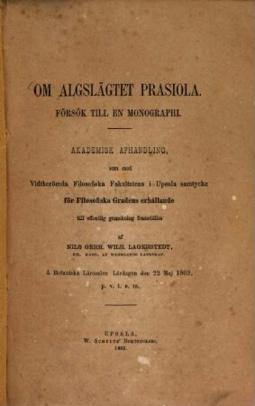 Om algslägtet Prasiola : Försök till en monographi
