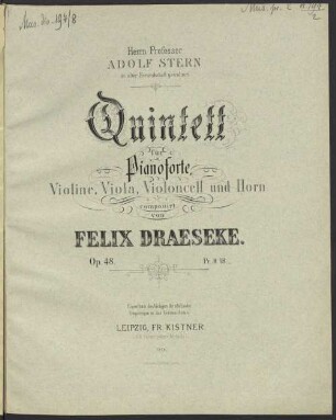 Quintett : für Pianoforte, Violine, Viola, Violoncell u. Horn ; op. 48