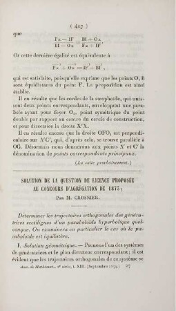 Solution de la question de licence proposée au concours d'agrégation de 1873.
