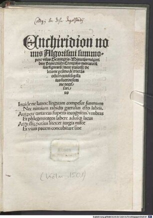Enchiridion novus Algorismi ... de integris