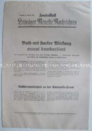 Sonderblatt der "Leipziger Neuesten Nachrichten" u.a. zum deutschen Luftangriff gegen Bath