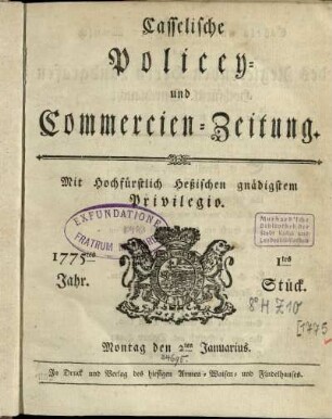 1tes Stueck, Montag den 2ten Januarius 1775