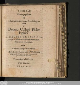 Scriptum Publice propositum In Academia Marchionum Brandenburgensium,