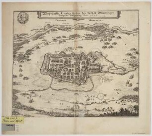Plan der Belagerung von Memmingen, Radierung, 1634 : Wahrhaffte Contrafactur der Statt Memmingen sampt der Belägerung Anno 1634 = Obsidium Memmingiae. - [Frankfurt ] : [Matthaeus Merian] , [1644]. - 1 Vogelschauplan : Radierung ; 31 x 26 cm WNW oben. - Titelkartusche Mitte oben. - Windrose unten rechts. - Mit Gebäudekennzeichn.