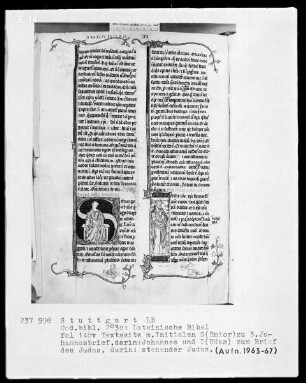 Lateinische Bibel, drei Bände — Textseite mit zwei Bildinitialen, Folio 148verso