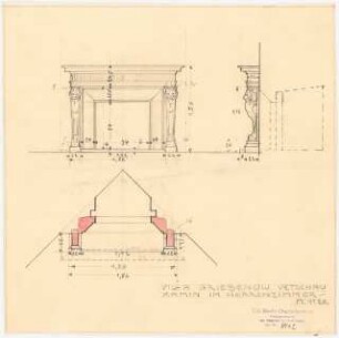 Villa Griebenow, Vetschau Umbau: Kamin im Herrenzimmer: Ansicht und 2 Schnitte 1:20, (Variation zu Inv.Nr. 8941, vermaßt)