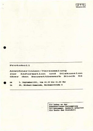 Protokoll: Anwohner-Versammlung Bauwettbewerb Block 56, 5.9.1991