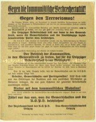 Flugblatt der Leipziger USPD und des Gewerkschaftskartells gegen den Generalstreikaufruf der KPD im Zuge der Märzkämpfe in Mitteldeutschland 1921
