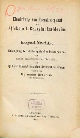 Einwirkung von Phenylisocyanat auf Stickstoff-Benzylanisaldoxim