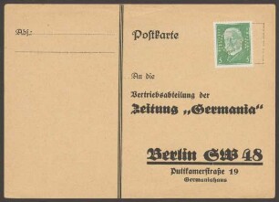 Werbepostkarte Zeitung "Germania", Puttkamerstraße 19