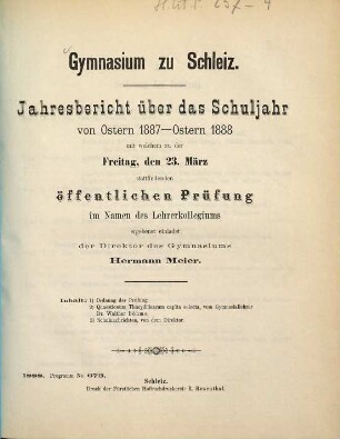 Jahresbericht : über das Schuljahr von Ostern ... bis Ostern ... 1887/88
