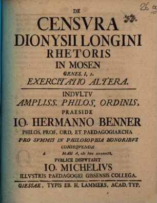 De Censvra Dionysii Longini Rhetoris In Mosen Genes. I,3 : Exercitatio Altera