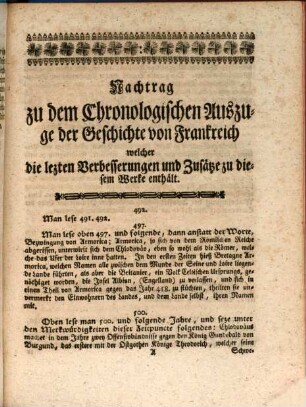 Nachtrag zu dem Chronologischen Auszuge der Geschichte von Frankreich : worinnen die der fünften Originalausgabe einverleibten Verbesserungen und Zusätze enthalten