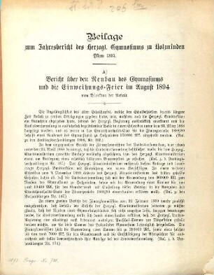 Bericht über den Neubau des Gymnasiums und die Einweihungs-Feier im August 1894