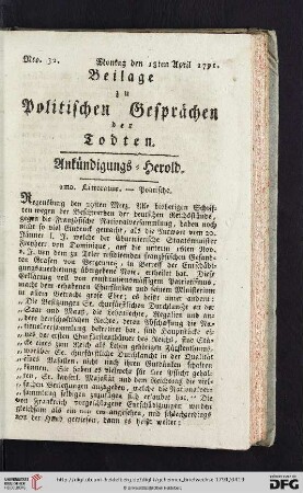 Beilage zu Politischen Gesprächen der Todten. Ankündigungs-Herold. Nro. 32