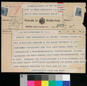 Telegramm an Graf zu Dohna von Großherzogin Luise von Baden bzgl. der Rückkehr in die Heimat