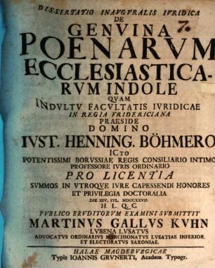 Dissertatio Inavgvralis Ivridica De Genvina Poenarvm Ecclesiasticarvm Indole
