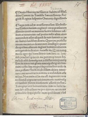 Oratio Hieronymi Gaonæ habita ad Illus. d[omi]n[u]m Comite[m]de Tendilla Særendissimor[um] Regis & Reginæ hispaniæ Oratore[m] dignissimu[m]