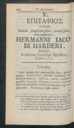 V. [..] in funere Iuvenis praestantissimi, ornatissimi, literatissimique, Hermanni Jacobi Harderi, Lubecensis, ...