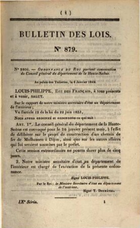 Bulletin des lois de la République Française. Partie principale. 24. 1842 = No. 879 - 924