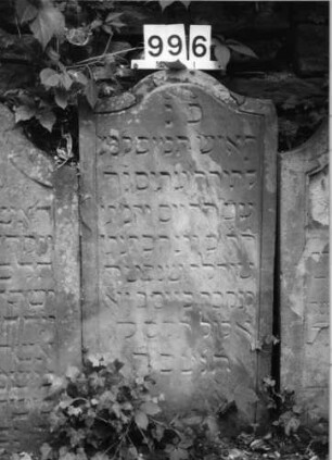 Grabstein 996 (Index: 99630499) Material: Sandstein Zustand: leicht abgeblättert, verwittert Maße HxBxT: 100x52x7 cm Beschreibung: Stele mit Konvexbogenabschluß, Schriftfeld eingetieft: Grabstein 996