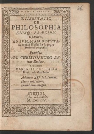 Dissertatio De Philosophia Eiusq[ue] Praecipuis partibus