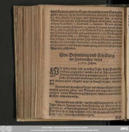 Von Bedeutung vnd Wirckung der Finsternissen/ dieses 1601. Jahres.