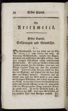 Die Arithmetik. Erstes Capitel. Erklärungen und Grundsätze.