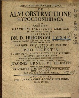 Dissertatio Inavgvralis Medica De Alvi Ostrvctione Hypochondriaca