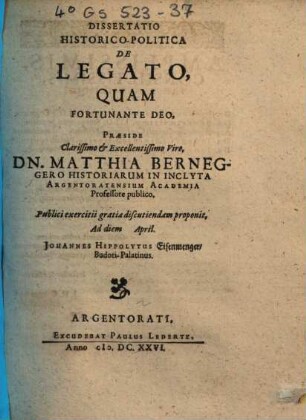 Dissertatio Historico-Politica De Legato