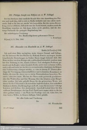 Philipp Joseph von Rehfues an August Wilhelm von Schlegel, Bonn, 09.02.1841