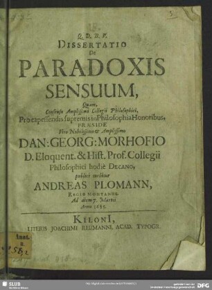 Dissertatio De Paradoxis Sensuum