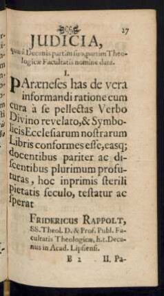 Judicia, quae a Decanis partim suo, partim Theologicae Facultatis nomine data