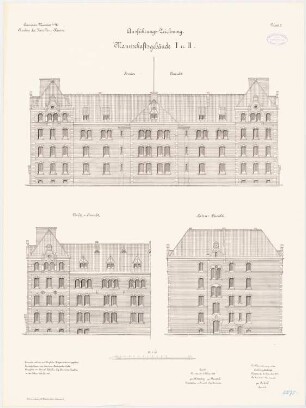 Kavalleriekaserne, Münster: Mannschaftsgebäude I und II: Aufriss Vorderansicht, Rückansicht, Seitenansicht 1:100