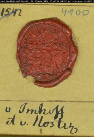 Siegler: Imhoff Überlieferungsart: Stoff: Lack Farbe: rot Form: oval. Durchmesser: 27 mm Art: Typ: Umschrift: